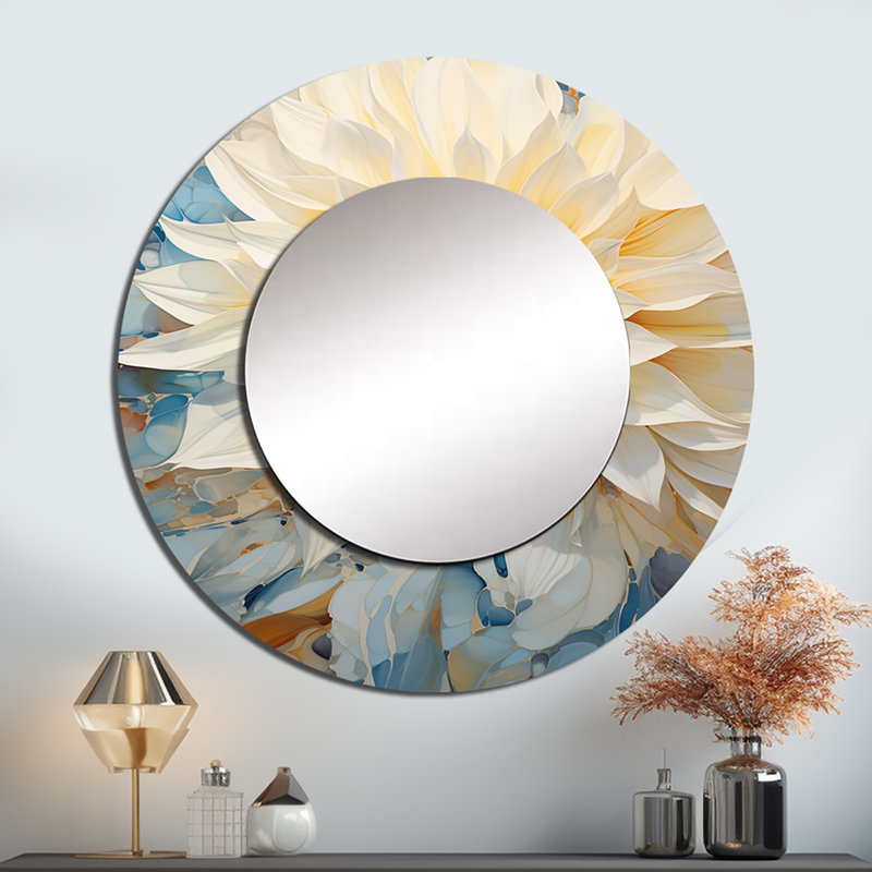 Rucci simple dahlia beige et bleu - grand miroir Dahlia, décor de miroir mural rond traditionnel unique, impression d'art en métal