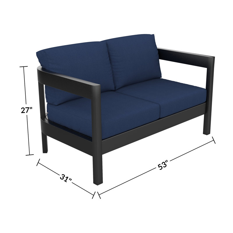 Causeuse d'extérieur moderne gris foncé avec structure en aluminium et coussins Sunbrella, Tissu marine Sunbrella