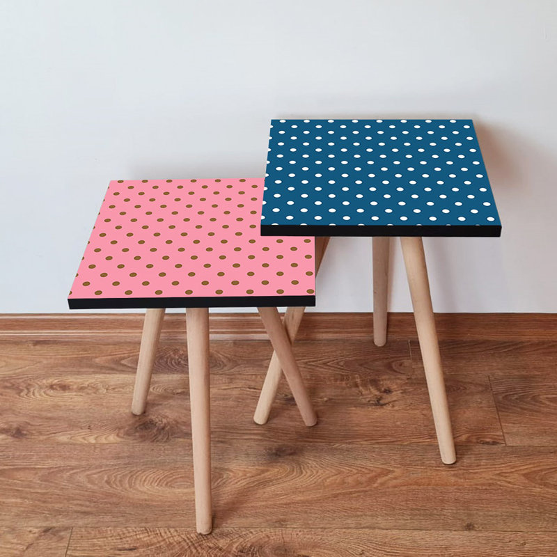 Ensemble de 2 tables gigognes modernes (rose et bleu marine à pois blancs et bruns) de 13,8 po x 18,5 po x 13,8 po et de 13,8 po x 16,5 po x 13,8 po | 100% panneau de fibres à densité moyenne avec pieds en bois de hêtre, élégant et fonctionnel pour la décoration intérieure
