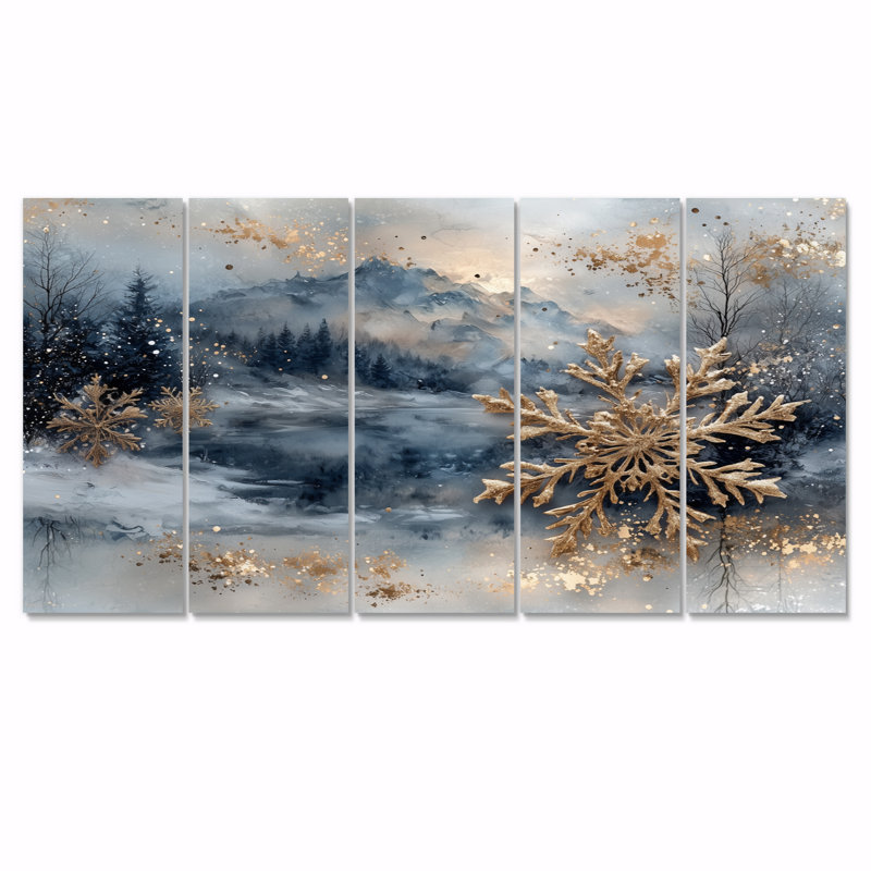 Gold Christmas Snowflakes I - Ensemble de décorations murales de Noël, H 28 po x l 60 po