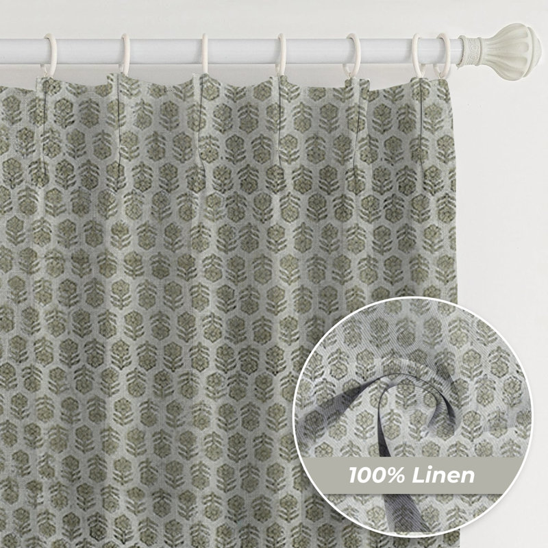 Fabdivine Thick Linen White Floral Room Darkening Block Print Curtain 27x96 Inches, Two-Side Panel with Pleated Pinch for Summer or Spring Season, Living or Bedroom, Kitchen, or Office, Tulsi Buti