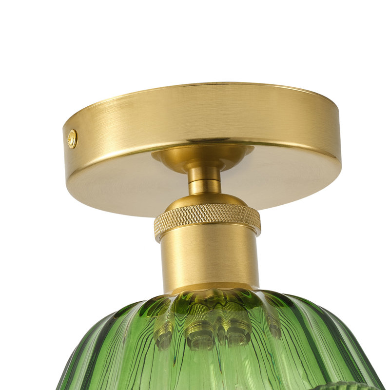 1-Light Brass Flush Mount Ceiling Light, Dimmable, E26 Base, Glass Shade, ETL Certified, Green