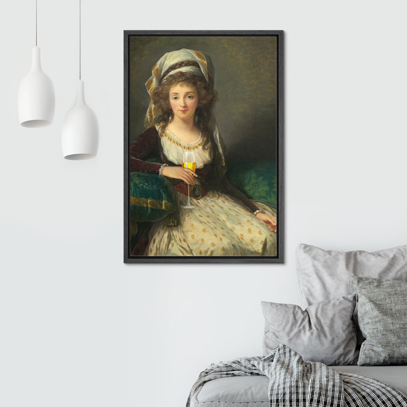 «Femme au verre de champagne», H 36 po x l 24 po, Cadre flottant noir