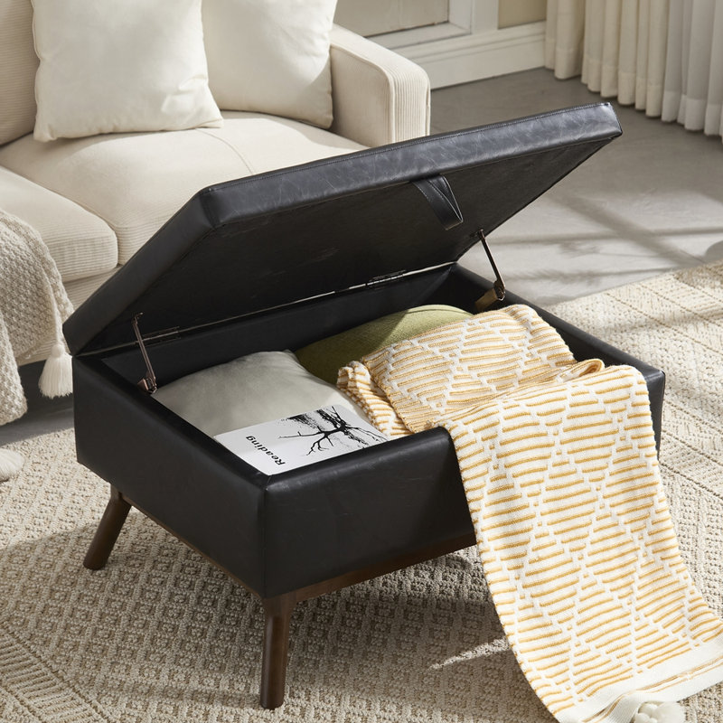 Mid-century modern square storage Ottoman, Black