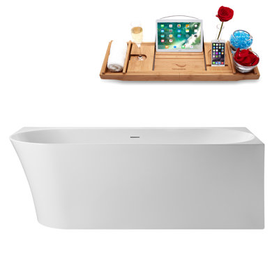 67" Streamline Soaking Glossy White Freestanding Tub and Tray With Internal Drain