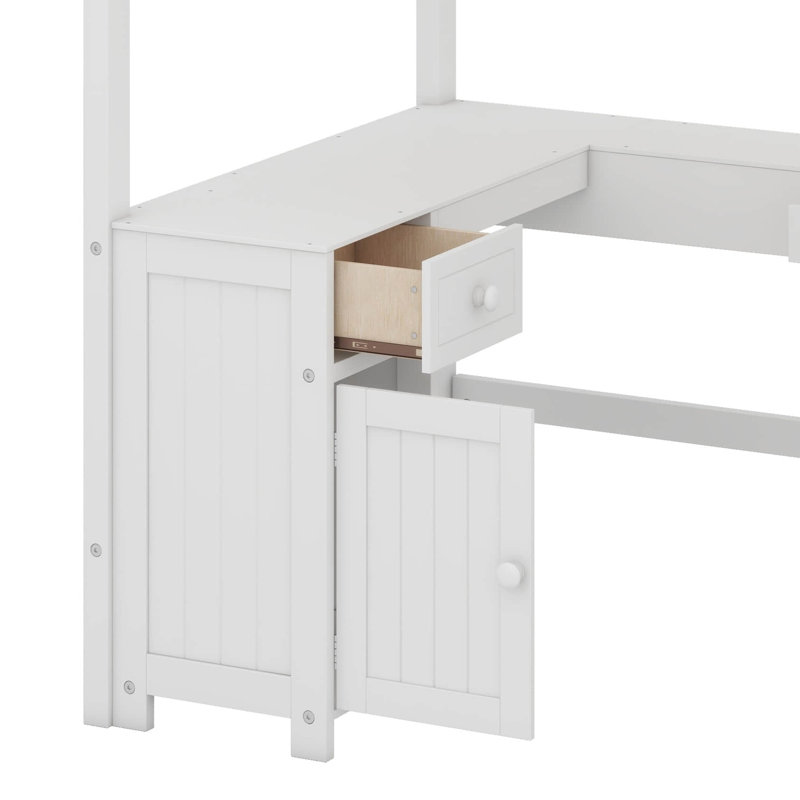 Twin Size Loft Bed With U-Shaped Desk And Drawers, Wood Loft Bed Frame With Cabinet And Storage Shelves, White