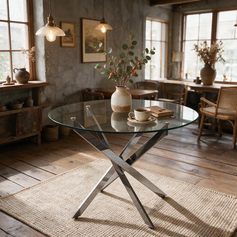 Table d'appoint ronde en verre, table de bout moderne avec plateau en verre trempé et structure en croix en métal poli en forme de X, petite table basse d'appoint pour le salon, la terrasse et le balcon, or / argent chromé en option
