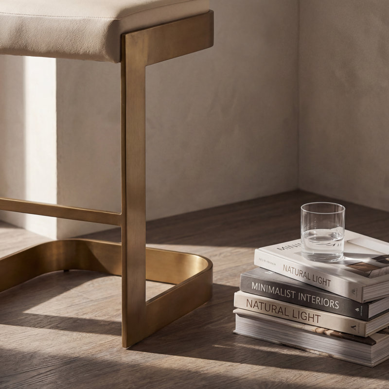 Regan Bar Stool w/Ivory Leather-Antique Brass, Brass, Ivory, Counter Stool ( 25" Seat Height )
