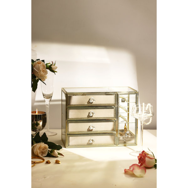 Small Mirrored Glass Jewelry Box With 2 Drawers & Velvet Lining