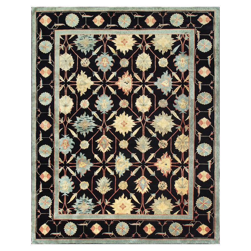 Palmettes Oriental Area Rug in Ebony/Teal/Yellow/Khaki, Rectangle 10' x 14'