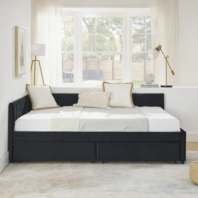 Full Size Upholstered Tufted Bed Frame with Storage Drawers and Comfortable Backrest, Velvet Sofa Bed for Modern Living by Everly Quinn