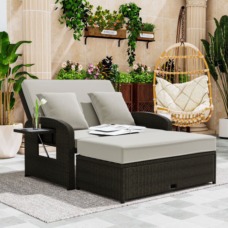 Outdoor 2-Person Recliner Chaise Lounge with Adjustable Backs, Cushions and Weatherproof Cover, Brown, Gray