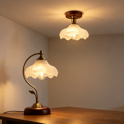 Retro 2-Piece Set: Flower Glass Semi-Flush Mount Ceiling Light & Table Lamp Frosted Glass & Wood-Tone Accents For Bedroom, Living Room, Hallway