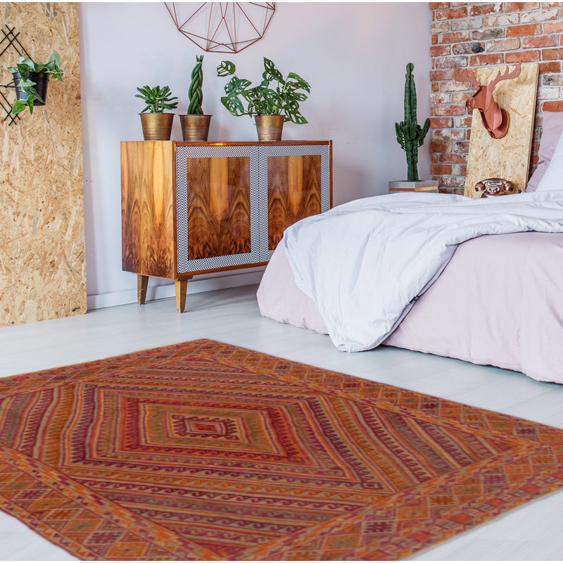 Tapis orange brûlé / mauve noué à la main de conception unique 4 pi 10 po x 6 pi 1 po Joevanni