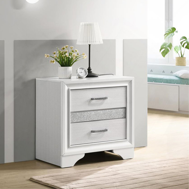 Table de chevet 2 tiroirs avec 1 plateau à bijoux, blanc, Blanc