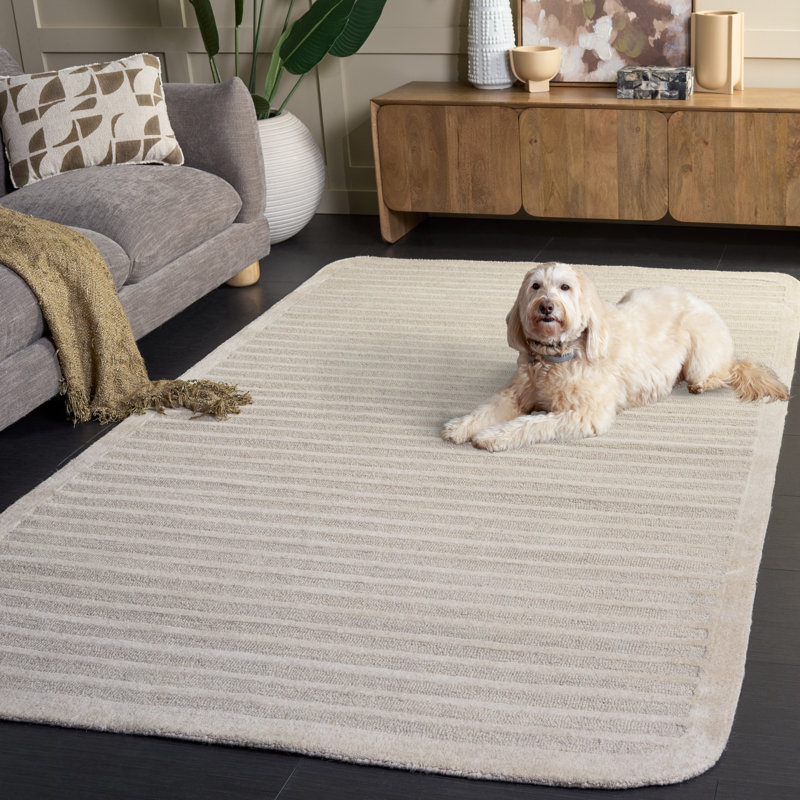 Ebony Hand Tufted Wool/Cotton Striped Rug in Silver/Ivory, Rectangle 5' x 8'