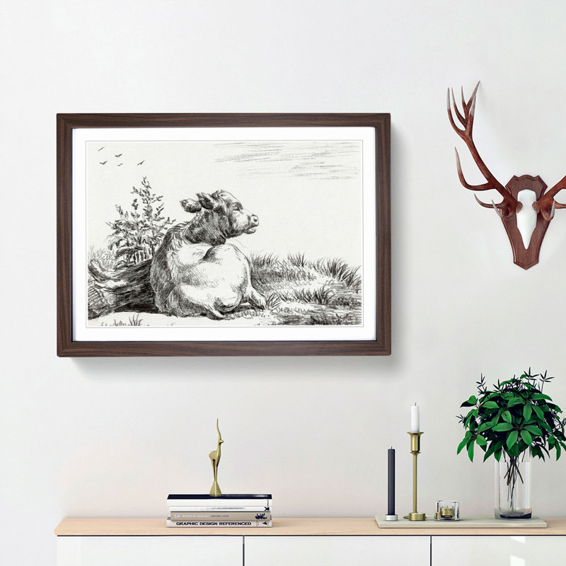 Cow at Rest by Jean Bernard - Picture Frame Drawing Print, Walnut Framed, 48cm H x 65cm W x 2cm D