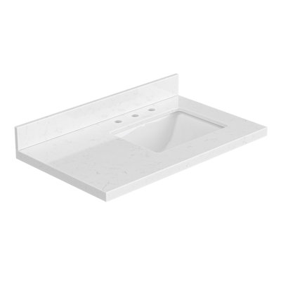 Ariel 36 Inch Carrara White Quartz Bathroom Vanity Countertop 1.5 Inch Thick Miter Edge With Right Offset Rectangle Single Sink And Includes Backsplash