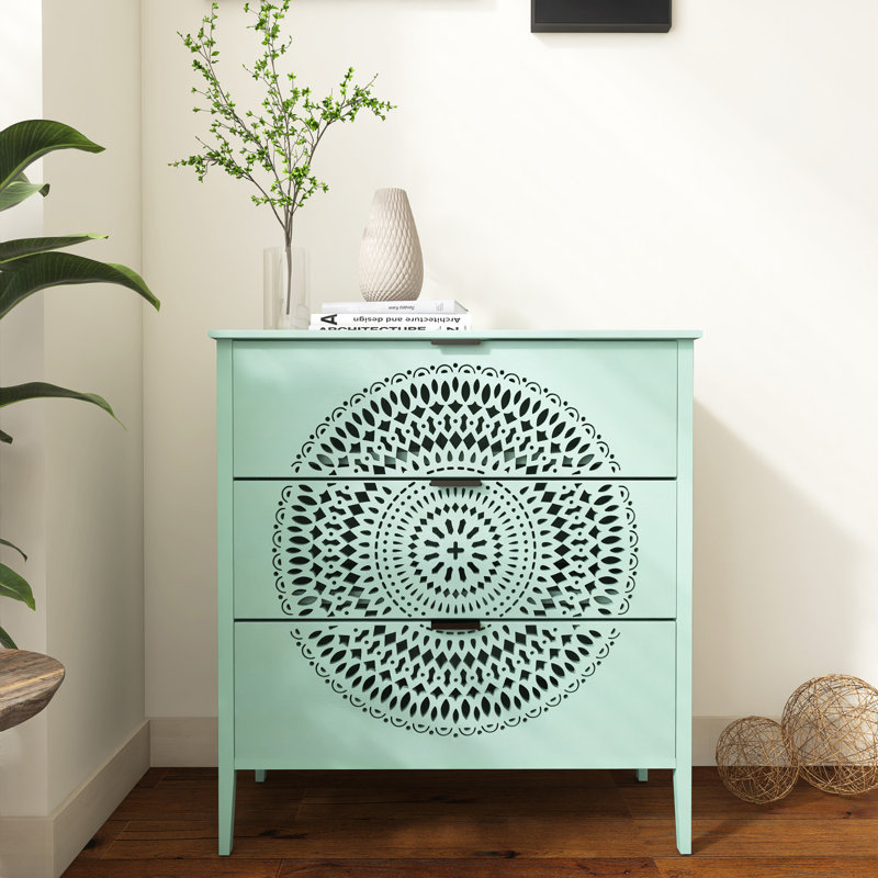 34 In. H Cabinet With 3 Drawers, Black, Light Green