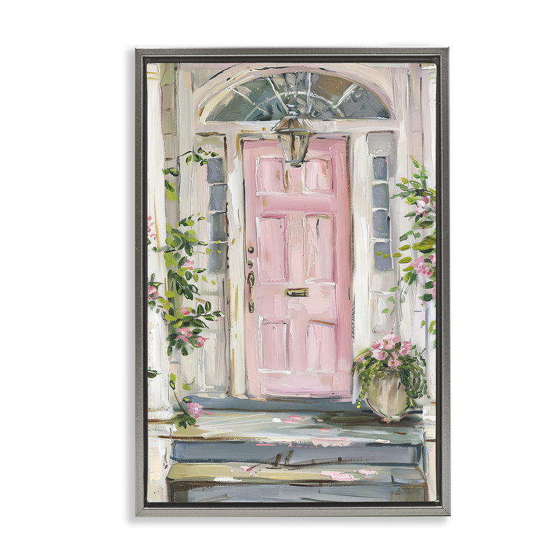 Toile flottante encadrée «Pink Door Welcome» par Petal Prints Design, Cadre flottant noir de jais, H 31 po x l 21 po