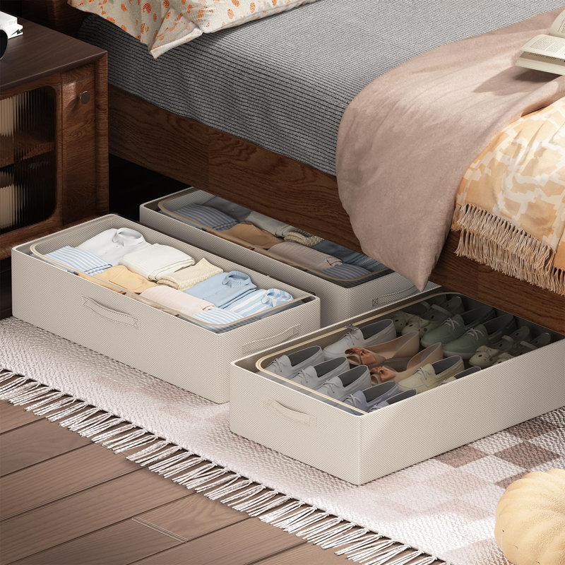 3Pcs Under Bed Storage Bins With Metal Frame - Shoe Organizer For Closet With Clear Cover Oxford Fabric Sturdy Underbed Container Foldable Stackable Clothes Organizer (Beige, 23.5X11.8X6.3)
