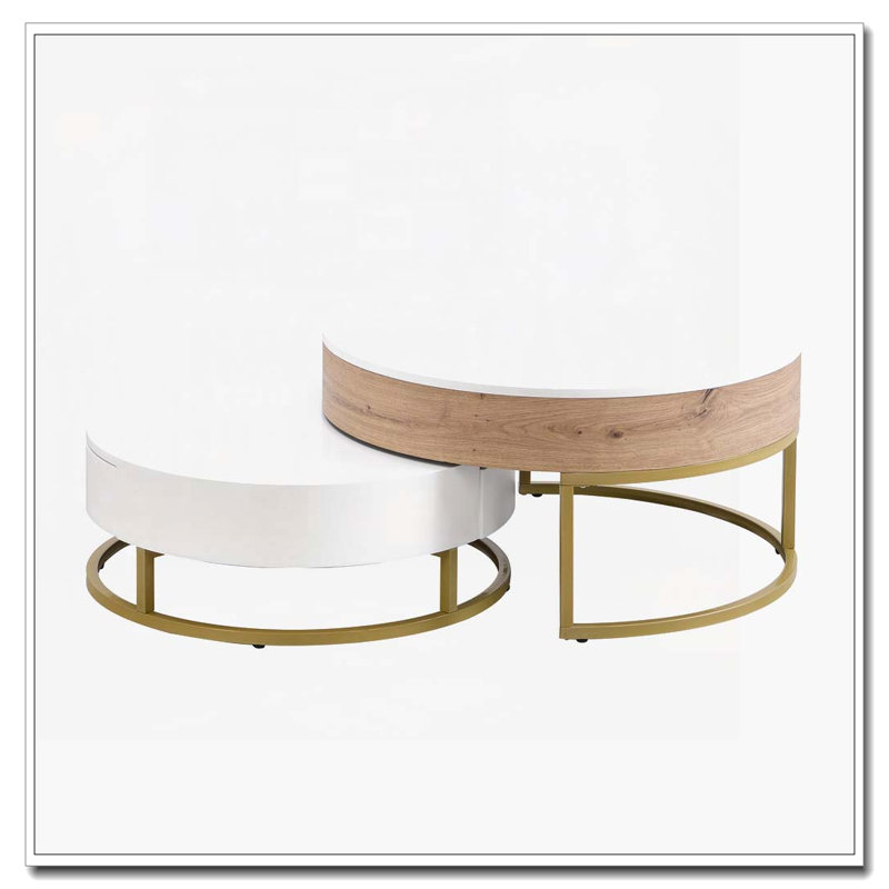 Tables basses gigognes rondes avec 2 tiroirs, Bois de chêne naturel / blanc antique
