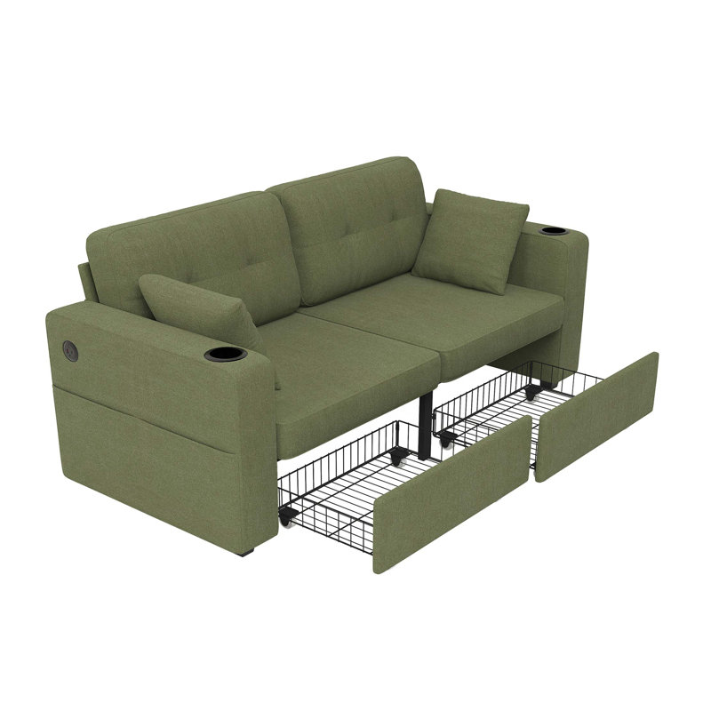 Modern Chenille Sectional Sofa with USB Charging and Smart Storage, Olive Chenille