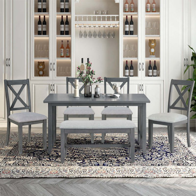 6-Piece Family Dining Set With Foldable Table, 4 Chairs And Bench For Space Saving In Dining Room