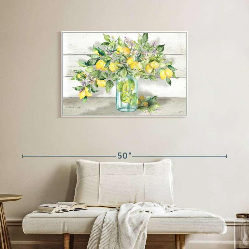 Aquarelle de citrons dans un pot Mason, Cadre flottant blanc, 37 po x 25 po