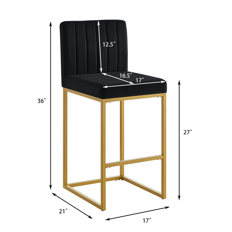 Tabouret à hauteur de comptoir moderne en velours avec dossier complet - ensemble de 2, noir / or, Noir, Matelassé