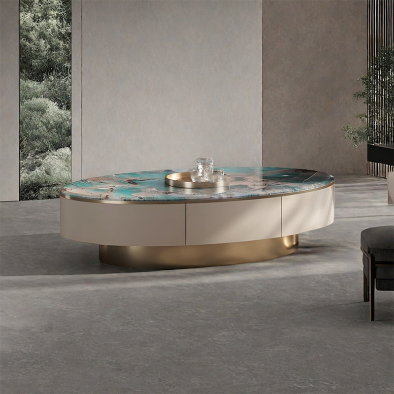 Light luxury oval marble coffee table, Gold, 15.7" H x 47.2" L x 23.6" W