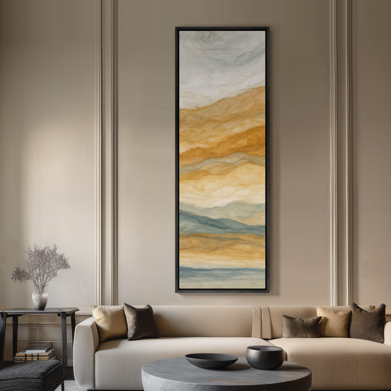 Grande toile murale encadrée - Reproduction de paysage abstrait montagnes jaunes - 60 po x 20 po, H 60 po x l 20 po, Noir