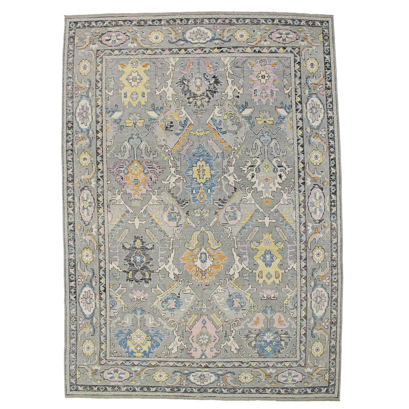 Tapis Oushak turc rétro fait à la main gris et gris Anatolian