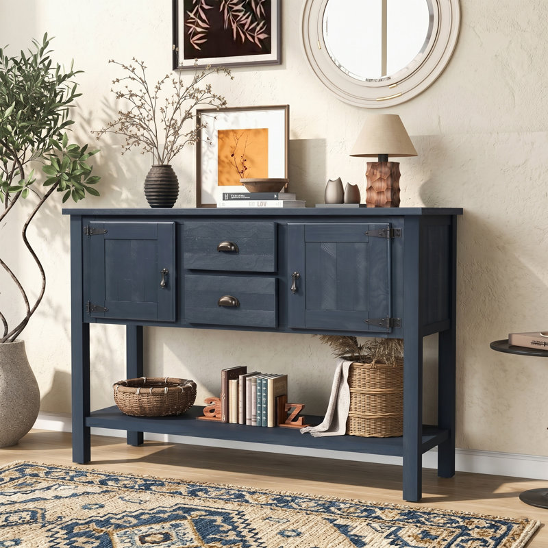 Buffet 48 po en bois massif espresso avec console 2 tiroirs et 2 portes avec tablette inférieure ouverte, Navy Blue