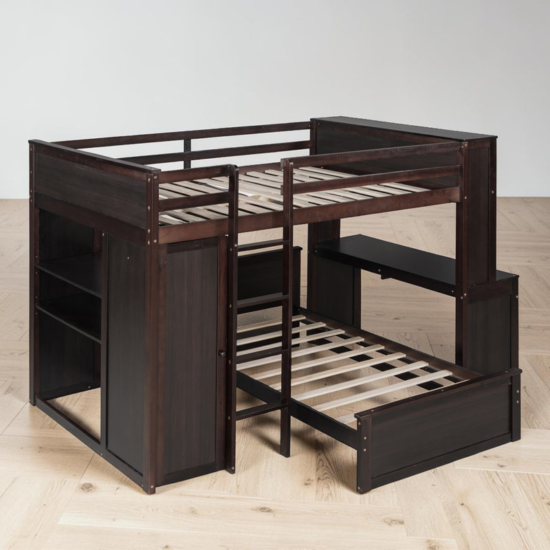 L - Shape Bunk Bed With Built-In Desk And Wardrobe, Full Over Twin, Espresso