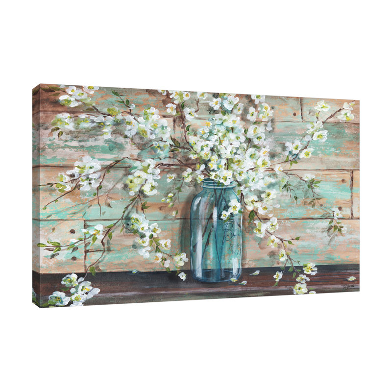 Blossoms In A Mason Jar II - Wrapped Canvas Painting, 61 cm H x 91.4 cm W