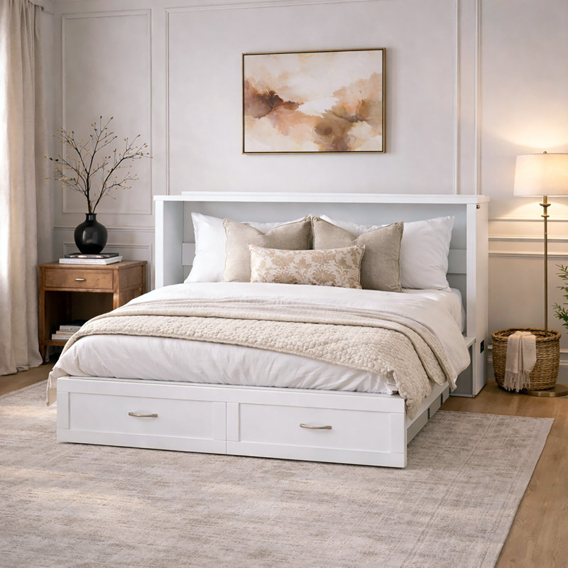 Atiyah Murphy Bed Chest with 6" Mattress, Storage and Built-in Charger, White, Queen