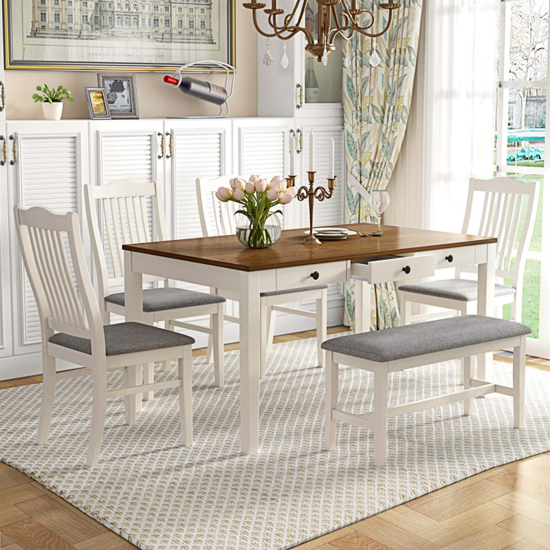 Barnouski Four Leg Dining Set, Brown/White, White, White