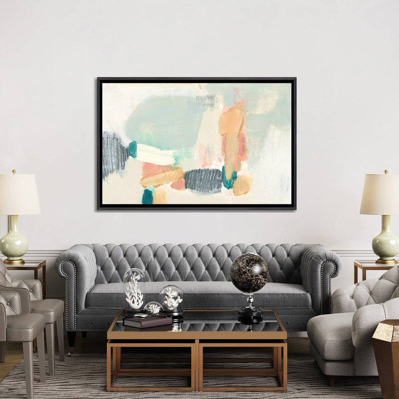 Reproduction d’art « confetti Shapes II » par Jennifer Goldberger, Toile avec cadre noir patiné, H 40 po x l 60 po x 1,5 po