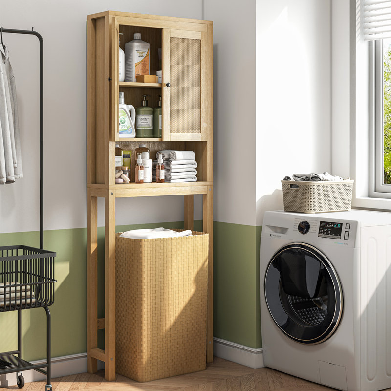 Armoire de rangement en rotin au-dessus de la toilette, organisateur de salle de bain au-dessus de la toilette avec tablette réglable, armoire de toilette derrière, économiseur d'espace pour les toilettes, salle de bain, buanderie, étagère en bois