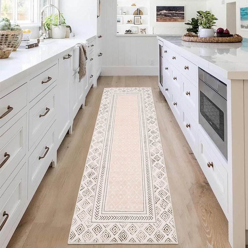 Geometric Bordered Machine Washable Rug with Rubber Backing for Living Room Modern Non-Slip Dining Room Rug Easy-Cleaning Floor Carpet for Bedroom
