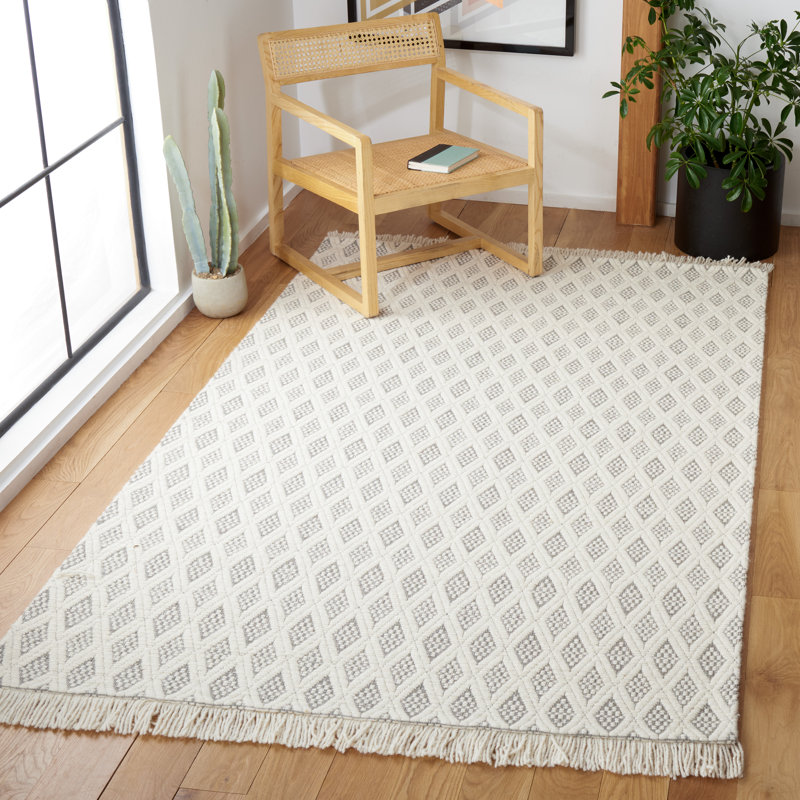 Tapis ivoire / gris en laine tissé à la main Addai, Rectangle 5 pi x 8 pi