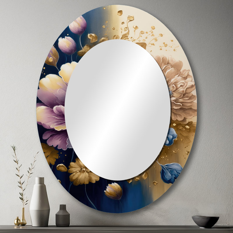 Mauve et bleu aquarelle fleurs III - Miroir décoratif floral ovale sur métal, 43 po x 33 po