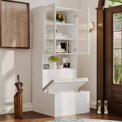 78.7" H Bookcase Storage Cabinet With Glass Doors & Flip-Top Reading Bench