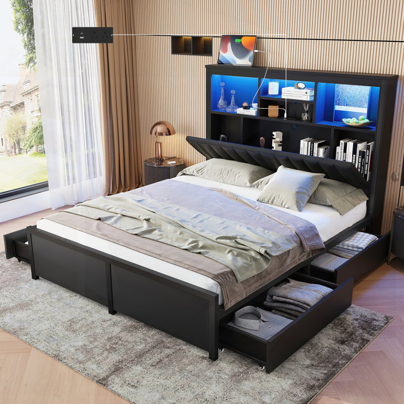 King Bed Frame With High Storage Headboard, LED Light, Charging Station, And 4 Drawers; Slat Kit, No Box Spring Needed, Noise-Free, All-Metal Support