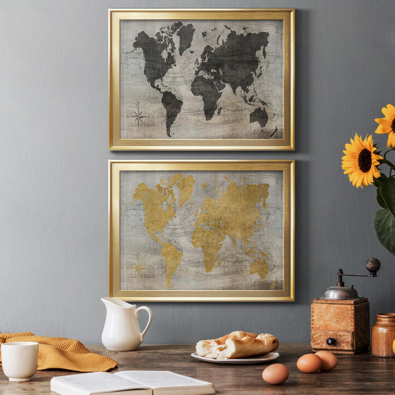 Carte du monde - ensemble de 2 reproductions de cadres photo, H 42,5 po x l 61 po x P 1 po, Papier doré