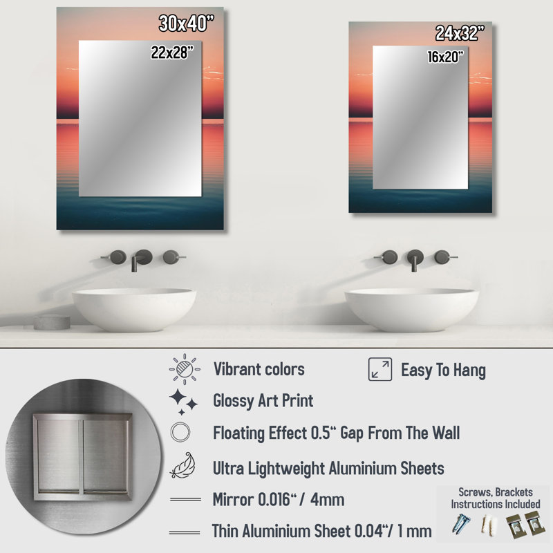 Minimalistic Sunset During The Full Moon IV - Boat Unique Wall Mirror, Pink Mirror, Printed Metal Art, 32" x 24"