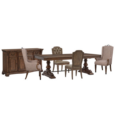 Extendable Trestle Dining Table With 2 Upholstered Side Chairs 2 Host Chairs And Buffet