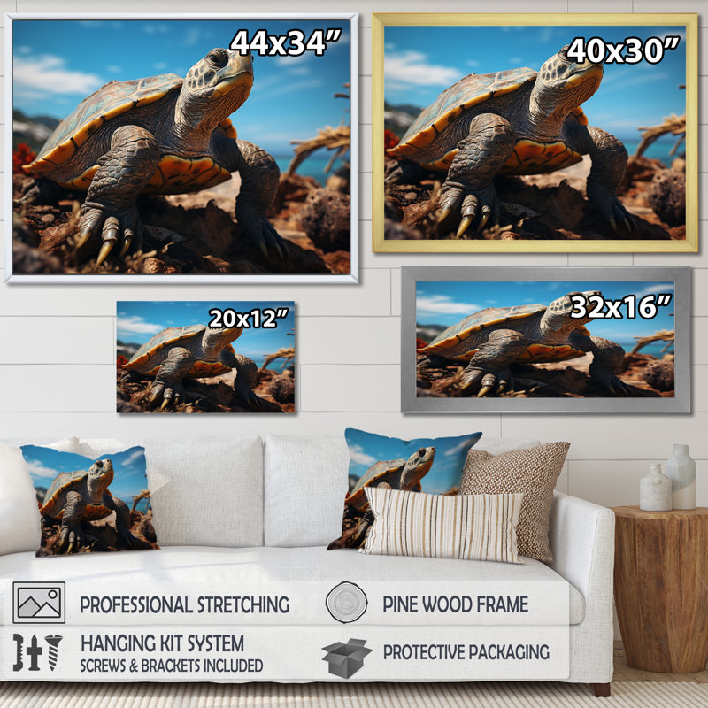 «Green Blue Turtle Portrait» impressionnant sur toile, H 34 po x l 44 po x P 1,5 po, Cadre photo noir