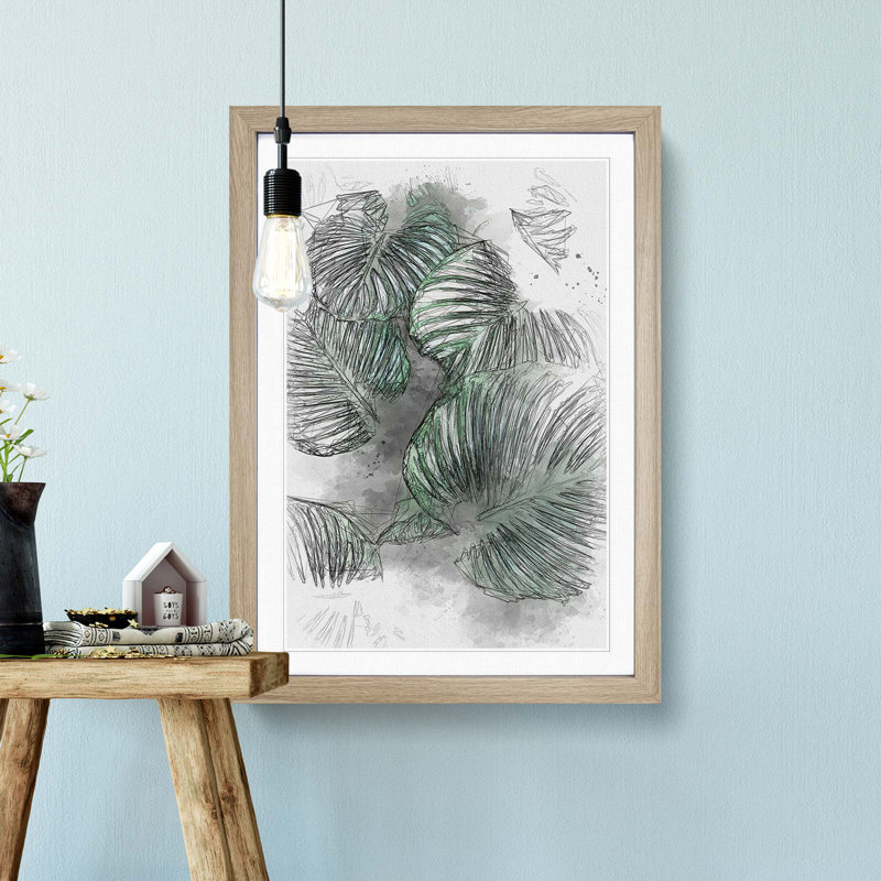 Gathered Green Plant Leaves in Abstract - Framed Print, 87cm H x 62cm W x 2cm D, Oak Framed
